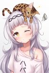  1girl animal animal_on_head arata_(xin) bangs blunt_bangs blush brown_eyes cat cat_on_head closed_mouth collarbone commentary_request grey_hair hair_ornament hat highres hololive long_hair looking_at_viewer murasaki_shion off_shoulder on_head one_eye_closed shirt short_sleeves silver_hair simple_background single_bare_shoulder smile solo upper_body virtual_youtuber witch_hat 