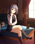  1girl absurdres belt black_legwear black_ribbon brewstar37a brown_eyes chair crossed_legs desk dress full_body grey_hair highres indoors kantai_collection kasumi_(kantai_collection) kneehighs lamp long_hair long_sleeves mary_janes on_desk picture_frame pinafore_dress red_ribbon remodel_(kantai_collection) ribbon shirt shoes side_ponytail sitting sitting_on_desk solo white_shirt window 