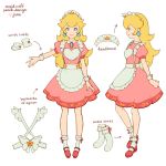  1girl alternate_costume ankle_socks apron back_bow blonde_hair blue_eyes bow crown earrings english_commentary english_text frilled_apron frilled_headband frills headband jewelry jivke looking_at_viewer maid maid_apron maid_dress maid_headdress super_mario_bros. princess_peach reference_sheet simple_background star_(symbol) super_mario_bros. white_background wrist_cuffs 