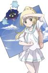  1girl absurdres arm_up backpack bag blonde_hair blush clenched_hands closed_mouth clouds collarbone commentary_request cosmog eyelashes floating_hair gen_7_pokemon green_eyes highres legendary_pokemon lillie_(pokemon) long_hair looking_to_the_side pleated_skirt pokemon pokemon_(creature) pokemon_(game) pokemon_sm shirt short_sleeves skirt sky smile taku_(user_fhus8258) white_shirt 