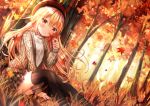  1girl absurdres autumn_leaves bangs beret black_legwear blonde_hair blush brown_headwear closed_mouth commentary_request day dutch_angle eyebrows_visible_through_hair feet_out_of_frame forest grey_skirt hair_between_eyes hand_up hat highres holding holding_leaf huge_filesize jacket kohaku_muro leaf long_hair long_sleeves maple_leaf nature on_grass open_clothes open_jacket original outdoors plaid plaid_skirt pleated_skirt puffy_long_sleeves puffy_sleeves red_eyes shirt sitting skirt sleeves_past_wrists smile solo thigh-highs tree very_long_hair white_shirt 