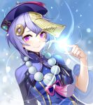  1girl absurdres bead_necklace beads blue_eyes blush braid braided_ponytail chinese_clothes genshin_impact hair_ornament highres jewelry looking_at_viewer necklace older purple_hair qiqi smile solo upper_body violet_eyes wide_sleeves yin_lan_xue 