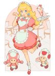  1girl alternate_costume apron back_bow blonde_hair blue_eyes bow cake cake_slice chair clenched_hand clogs dress earrings floor food frilled_apron frills hand_up heart jewelry jivke looking_at_viewer maid maid_apron maid_dress maid_headdress super_mario_bros. milkshake one_eye_closed princess_peach socks spoon star_(symbol) super_mario_bros. table tile_floor tiles toad toadette tray wrist_cuffs 