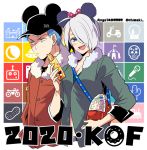  1boy 1girl angel_(kof) baseball_cap blue_eyes blue_hair chimakikamihc fur_trim hair_over_one_eye hat k9999 mickey_mouse_ears short_hair snack the_king_of_fighters white_hair 