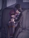  2boys absurdres bdsm black_blindfold black_headwear black_jacket black_pants blindfold blush bondage bound car_interior closed_eyes commentary_request couch dangan_ronpa diagonal-striped_neckwear diagonal_stripes ewa_(seraphhuiyu) ground_vehicle highres jacket knees_up legs_together long_sleeves multiple_boys necktie new_dangan_ronpa_v3 open_mouth ouma_kokichi pants purple_hair saihara_shuuichi shirt short_hair sitting smile striped striped_neckwear tied_up white_shirt 