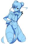  1girl blue_theme bracelet breasts brown_eyes bun_cover chinese_clothes chun-li double_bun dress highres jewelry looking_at_viewer nac000 short_hair simple_background solo spiked_bracelet spikes street_fighter street_fighter_ii_(series) thigh-highs white_background 