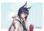  1girl animal_ear_fluff animal_ears arknights black_hair black_shirt character_name closed_mouth coat colored_inner_hair drink earrings eyebrows_visible_through_hair fur-trimmed_hood fur_trim gloves hair_between_eyes holding holding_drink hood hooded_coat jewelry light_smile long_hair looking_at_viewer multicolored_hair nejikyuu red_gloves redhead shirt smile solo straight_hair texas_(arknights) turtleneck two-tone_hair upper_body white_coat wolf_ears yellow_eyes 