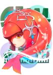  1girl brown_eyes commentary_request fish_girl from_side gem hair_ornament head highres jewelry lips long_hair looking_at_viewer mikazuki_akira! mipha monster_girl multicolored multicolored_skin no_eyebrows pointy_ears profile red_skin redhead solo the_legend_of_zelda the_legend_of_zelda:_breath_of_the_wild water zora 