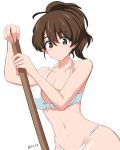  1girl absurdres aikir_(jml5160) bikini blush breasts brown_eyes brown_hair cleavage_reach dutch_angle front-tie_top girls_und_panzer groin high_ponytail highres koyama_yuzu large_breasts looking_at_viewer navel solo strap_gap swimsuit white_background white_bikini 