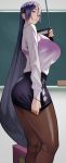  1girl absurdres bangs black_skirt breasts closed_mouth commentary_request fate_(series) highres large_breasts long_hair looking_at_viewer minamoto_no_raikou_(fate/grand_order) miniskirt pantyhose parted_bangs pointer purple_hair see-through shiny shiny_clothes shiny_hair shirt skirt teacher very_long_hair violet_eyes white_shirt yoshio_(55level) 