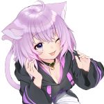  1girl absurdres ahoge animal_ears bangs black_hoodie breasts cat_ears cat_tail cheek_squash collar eyebrows_visible_through_hair from_above highres hololive hood hoodie looking_at_viewer medium_breasts nejime nekomata_okayu one_eye_closed open_mouth pants purple_hair short_hair simple_background solo sweatpants tail violet_eyes virtual_youtuber white_background 