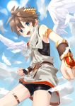  1boy aikagi_sheena blue_sky brown_hair clouds cloudy_sky commentary day highres kid_icarus looking_at_viewer male_focus open_mouth outdoors pit_(kid_icarus) sky smile solo sunlight textless wings 