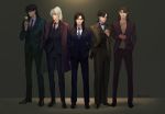  5boys adjusting_clothes alternate_hairstyle bangs black_footwear black_hair bow bowtie brothers brown_background clenched_teeth coat collared_shirt contemporary crescent facial_mark flower forehead_mark formal frown green_neckwear grin hand_in_pocket hand_up hands_in_pockets high_ponytail highres holding holding_flower inuyasha inuyasha_(character) jacket kohaku_(inuyasha) legs_apart lineup long_hair looking_at_viewer low_ponytail miroku_(inuyasha) mmmilk multiple_boys naraku_(inuyasha) necktie pants pointy_ears ponytail red_coat redhead rose sesshoumaru shirt shoes siblings signature smile standing suit t-shirt teeth white_flower white_hair white_rose white_shirt wing_collar 