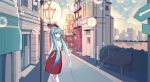  1girl absurdres blue_eyes blue_hair city english_commentary floating_hair hatsune_miku highres long_hair looking_at_viewer red_skirt rzx0 scenery skirt smile solo twintails vocaloid 