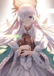  1girl anastasia_(fate) bangs blue_cloak blue_eyes brown_hair cloak closed_mouth commentary_request crown dress eyebrows_behind_hair fate/grand_order fate_(series) hair_over_one_eye highres light_smile looking_at_viewer mini_crown royal_robe silver_hair solo soupchan white_dress 