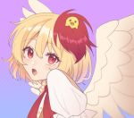  animal animal_on_head bird bird_on_head bird_wings blonde_hair brown_dress chick chicken dress eyebrows_visible_through_hair eyelashes feathered_wings gradient gradient_background kirarin_514 multicolored_hair niwatari_kutaka on_head open_mouth orange_dress puffy_short_sleeves puffy_sleeves red_eyes redhead short_sleeves touhou two-tone_hair wings yellow_wings 