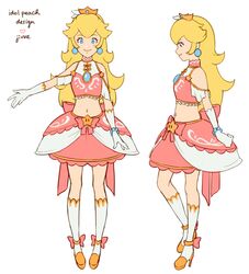  1girl alternate_costume blonde_hair blue_eyes bracelet crown dress earrings gloves gold_trim idol jewelry jivke kneehighs looking_at_viewer super_mario_bros. midriff navel princess_peach reference_sheet ribbon star_(symbol) starman_(mario) stomach strapless strapless_dress super_mario_bros. white_background white_gloves 