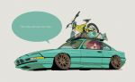  bicycle bmw bmw_850i car dice driving english_text flat_color grey_background ground_vehicle highres left-hand_drive looking_ahead motor_vehicle original red_eyes redhead rikona simple_background skateboard speech_bubble supreme 