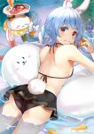  1girl :3 :d afloat animal_ear_fluff animal_ears ass back bangs bare_back bare_shoulders bikini_skirt black_skirt blue_hair blush blush_stickers bow braid bunny-shaped_pupils bunny_girl bunny_tail carrot_hair_ornament commentary_request cup drinking_glass eyebrows_visible_through_hair food food_on_face food_themed_hair_ornament from_behind glint grin hair_bow hair_ornament highres holding holding_food hololive long_hair looking_at_viewer looking_back lying multicolored_hair nira_(vira) on_stomach open_mouth rabbit_ears red_eyes skirt smile solo tail teeth thick_eyebrows tray twin_braids two-tone_hair usada_pekora very_long_hair water white_bow white_hair 