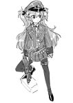  1girl bangs girls_frontline greyscale gun hair_between_eyes hair_ribbon hat highres jacket long_hair long_sleeves monochrome necktie open_clothes open_jacket pantyhose pleated_skirt police_hat qyuandee3 ribbon serbu_super-shorty shotgun sketch skirt solo super_shorty_(girls_frontline) sweater_vest two_side_up weapon 