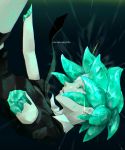  1other amputee androgynous aqua_eyes aqua_hair bangs black_background black_neckwear character_name colored_eyelashes cowboy_shot crystal_hair eigh falling from_side gem gem_uniform_(houseki_no_kuni) houseki_no_kuni necktie parted_lips phosphophyllite profile short_hair simple_background solo sparkle 