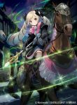  1girl blonde_hair boots bow dress drill_hair elise_(fire_emblem) fire_emblem fire_emblem_cipher fire_emblem_fates flower hair_bow holding holding_weapon horse kawasumi_mahiro magic night night_sky official_art outdoors pink_bow pink_ribbon ribbon sky staff town twintails violet_eyes weapon white_flower 