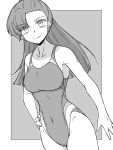  1girl absurdres asymmetrical_bangs bangs border breasts closed_mouth commentary competition_swimsuit dutch_angle eyebrows_visible_through_hair girls_und_panzer girls_und_panzer_senshadou_daisakusen! greyscale hand_on_hip highres long_hair looking_at_viewer medium_breasts monochrome navel nishi_kinuyo one-piece_swimsuit outside_border renshiu smile solo standing straight_hair swimsuit upper_body 
