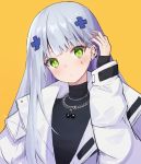  1girl ankkoyom bangs black_shirt blue_hair blush ear_piercing eyebrows_visible_through_hair girls_frontline green_eyes hand_in_hair highres hk416_(girls_frontline) jacket jewelry long_hair looking_at_viewer necklace open_clothes open_jacket piercing shirt solo_focus turtleneck white_jacket yellow_background 