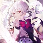  1girl absurdres bangs beige_jacket bird_wings bow bowtie braid feathered_wings feathers french_braid hand_on_own_cheek hand_on_own_face highres jacket kishin_sagume maimuro open_clothes open_jacket purple_skirt red_eyes single_wing skirt solo suit_jacket touhou white_hair white_wings wings 