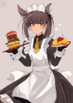  1girl absurdres alternate_costume apron black_dress black_gloves black_hair brown_eyes dress edel_(edelcat) enmaided eyebrows_visible_through_hair flag food gloves grey_background hamburger hatsuzuki_(kantai_collection) heart highres holding holding_plate japanese_flag juliet_sleeves kantai_collection long_sleeves maid maid_apron maid_dress maid_headdress omelet plate puffy_sleeves short_hair simple_background solo twitter_username white_apron 