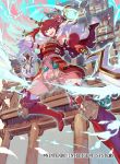  1girl armor boots feather_collar feather_trim fire_emblem fire_emblem_cipher fire_emblem_fates garter_straps gloves hinoka_(fire_emblem) holding holding_weapon horns japanese_armor japanese_castle kureta_(nikogori) lightning magic midair official_art outdoors pegasus polearm red_armor red_eyes red_gloves redhead sheep_horns short_hair spear staff thigh-highs thigh_boots weapon 
