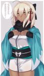  1girl ahoge akio_(akio1124) alternate_costume armor black_bow black_scarf bow cosplay cowboy_shot dark_skin fate/grand_order fate_(series) hair_bow hair_ornament half_updo haori highres japanese_armor japanese_clothes kimono kote kurokote obi okita_souji_(alter)_(fate) okita_souji_(fate) okita_souji_(fate)_(all) okita_souji_(fate)_(cosplay) sash scarf shinsengumi short_kimono solo speech_bubble standing tied_hair translation_request white_eyes white_hair white_kimono wide_sleeves 