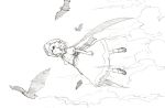  1girl back_bow bat bat_wings black_footwear bow clouds commentary_request dress flying full_body greyscale hat mob_cap monochrome puffy_short_sleeves puffy_sleeves remilia_scarlet shiratama_(hockey) shoes short_hair short_sleeves sketch socks solo touhou white_background white_legwear wings 