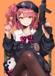  1girl candy commission food girls_frontline gun h&amp;k_mp7 highres iitenkidesune lollipop mp7_(girls_frontline) off_shoulder pantyhose red_nails redhead short_hair skeb_commission solo submachine_gun weapon yellow_eyes 