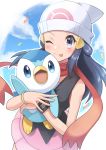  1girl beanie blush closed_mouth clouds commentary_request confetti hikari_(pokemon) eyelashes fingernails gen_4_pokemon hair_ornament hairclip hat highres holding holding_pokemon long_hair looking_at_viewer one_eye_closed otyaduke outline piplup pokemon pokemon_(creature) pokemon_(game) pokemon_dppt red_scarf scarf sidelocks sky spread_fingers starter_pokemon tongue tongue_out white_headwear 