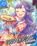  asari_nanami blue_hair blush character_name closed_eyes dress food idolmaster idolmaster_cinderella_girls long_hair smile stars 