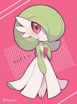  absurdres artist_name bellavoirr blush character_name closed_mouth commentary full_body gardevoir gen_3_pokemon hand_up highres outline pink_background pokemon pokemon_(creature) polka_dot red_eyes sideways_glance smile solo white_skin 