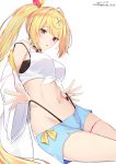  1girl :o bangs blonde_hair blue_shorts breasts choker commentary_request crop_top dated eyebrows_visible_through_hair front-tie_top hair_ornament hair_ribbon heterochromia highleg highleg_panties highres hirota_fruit hoshikawa_sara jacket long_hair looking_at_viewer midriff navel nijisanji off_shoulder open_mouth panties panty_straps red_eyes red_ribbon ribbon shirt shorts side_ponytail signature simple_background skindentation sleeveless sleeveless_shirt solo stomach tank_top thigh_strap thighs twitter_username underwear very_long_hair virtual_youtuber white_background white_jacket white_tank_top x_hair_ornament yellow_eyes 
