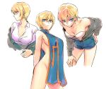  1girl absurdres bangs bare_shoulders belt bhh4321 blonde_hair blue_eyes blue_shorts bra breasts cardigan collarbone collared_shirt dress_shirt earrings formal genderswap genderswap_(mtf) grey_jacket hand_on_own_ass hand_on_own_thigh highres hunter_x_hunter jacket jewelry kurapika leaning_forward long_sleeves looking_at_viewer looking_away medium_breasts multiple_views naked_tabard off_shoulder open_clothes open_jacket profile shirt short_hair shorts sideboob sidelocks sideways_glance simple_background skirt skirt_suit suit tabard underwear wet wet_hair white_background white_bra white_shirt 