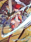  1girl 2boys armor boots bracer faceless faceless_male fire_emblem fire_emblem_cipher fire_emblem_fates garter_straps gloves hinoka_(fire_emblem) holding holding_weapon indoors japanese_clothes kureta_(nikogori) multiple_boys naginata official_art pegasus polearm red_eyes red_gloves redhead scarf short_hair slashing thigh-highs thigh_boots weapon white_scarf 