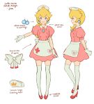  1girl alternate_costume alternate_hairstyle blonde_hair blue_eyes bow buttons cross crown earrings english_text gem gloves high_heels jewelry jivke looking_at_viewer looking_to_the_side super_mario_bros. peter_pan_collar ponytail princess_peach simple_background skirt super_smash_bros. thigh-highs white_background 