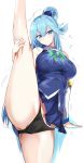  1girl absurdres aqua_(konosuba) bangs black_panties blue_eyes blue_hair blue_shirt blue_skirt blush bow breasts closed_mouth detached_sleeves green_bow hair_ornament hair_rings hanasaka_houcha highres kono_subarashii_sekai_ni_shukufuku_wo! large_breasts leg_lift leg_up long_hair looking_at_viewer panties shirt simple_background skirt split standing standing_on_one_leg standing_split thighs underwear white_background 