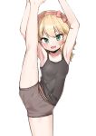  1girl absurdres arm_up blonde_hair blush deko_isu green_eyes hairband highres idolmaster idolmaster_cinderella_girls idolmaster_cinderella_girls_starlight_stage leg_lift leg_up legs legs_up looking_at_viewer open_mouth sakurai_momoka smile solo split standing standing_on_one_leg standing_split wavy_hair 