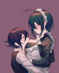  1boy 1girl ahoge alternate_costume apron black_hair black_vest blush bra breasts brown_eyes commentary_request dangan_ronpa enmaided ewa_(seraphhuiyu) eye_contact frills from_side genderswap genderswap_(mtf) half-closed_eye height_difference hug large_breasts long_sleeves looking_at_another maid maid_apron maid_dress maid_headdress new_dangan_ronpa_v3 ouma_kokichi saihara_shuuichi shirt short_hair smile smug underwear vest white_shirt 