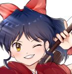  1girl black_hair bow braid fang grin hair_bow han&#039;you_no_yashahime highres holding holding_weapon inuyasha japanese_clothes long_hair moroha ponytail portrait ready_to_draw red_bow sidelocks single_braid smile solo tondamanuke weapon white_background wrist_cuffs yellow_eyes 