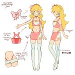  1girl alternate_costume alternate_hairstyle blonde_hair blue_eyes boots checkered checkered_ribbon earrings english_commentary english_text high_heels highres jewelry jivke knee_boots looking_at_viewer looking_to_the_side super_mario_bros. navel pale_skin panties ponytail princess_peach reference_sheet ribbon short_shorts shorts simple_background skirt star_(symbol) string_panties underwear white_background 