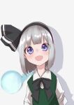  absurdres bangs black_hairband black_neckwear black_ribbon blunt_bangs blush bow bowtie drop_shadow fang green_vest grey_background grey_hair hair_ribbon hairband highres jnakamura1182 konpaku_youmu konpaku_youmu_(ghost) looking_at_viewer medium_hair open_mouth ribbon shirt skin_fang smile touhou upper_body vest violet_eyes white_shirt younger 