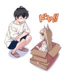 1boy 1girl 40hara animal_ear_fluff animal_ears aqua_eyes bangs black_hair blush_stickers box cardboard_box cat_ears cat_girl closed_eyes closed_mouth in_box in_container kinako_(40hara) light_brown_hair long_hair open_mouth original shirt simple_background slippers smile squatting white_background white_shirt white_t-shirt