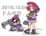  1girl bazooka_(gundam) character_name chibi commentary dated dom glowing glowing_eye gun gundam holding holding_gun holding_weapon king_of_unlucky looking_at_viewer mecha mobile_suit_gundam one-eyed personification pink_hair red_eyes skating sketch violet_eyes weapon zeon 