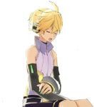  1boy aqua_nails arm_warmers backlighting bare_shoulders black_shorts blonde_hair closed_eyes commentary d_futagosaikyou from_side hand_on_own_arm headphones kagamine_len kagamine_len_(append) male_focus nail_polish open_mouth protected_link ribbed_shirt shirt short_ponytail shorts sleeveless sleeveless_shirt solo spiky_hair vocaloid vocaloid_append white_background white_shirt 